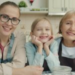 Portrait of joyful family grandmother, mother and daughter smiling in modern kitchen sitting together and looking at camera with happy faces.